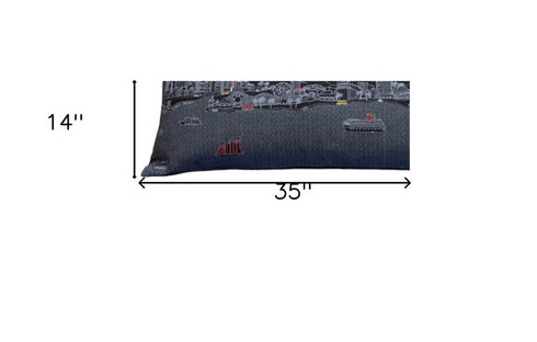 14" X 35" Dark Gray And White Los Angeles Nighttime Skyline Lumbar Decorative Pillow