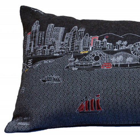 14" X 35" Dark Gray And White Los Angeles Nighttime Skyline Lumbar Decorative Pillow