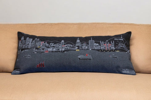 14" X 35" Dark Gray And White Los Angeles Nighttime Skyline Lumbar Decorative Pillow