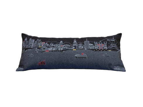 14" X 35" Dark Gray And White Los Angeles Nighttime Skyline Lumbar Decorative Pillow