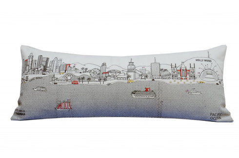 14" X 35" Dark Gray And White Los Angeles Nighttime Skyline Lumbar Decorative Pillow