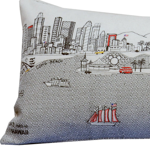 14" X 35" Dark Gray And White Los Angeles Nighttime Skyline Lumbar Decorative Pillow
