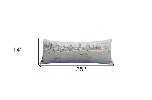 14" X 35" Dark Gray And White Los Angeles Nighttime Skyline Lumbar Decorative Pillow