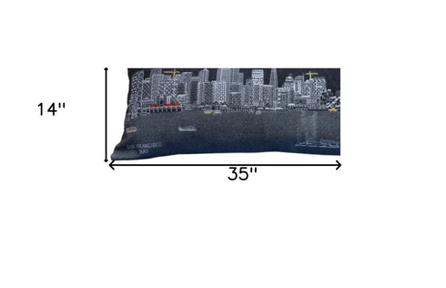 14" X 35" Dark Gray And White San Francisco Nighttime Skyline Lumbar Decorative Pillow