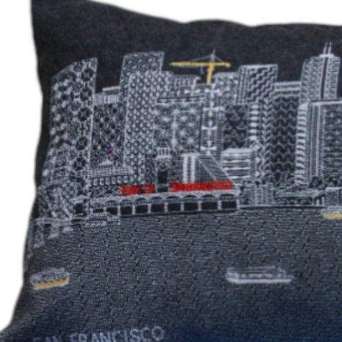 14" X 35" Dark Gray And White San Francisco Nighttime Skyline Lumbar Decorative Pillow