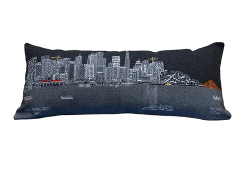 14" X 35" Dark Gray And White San Francisco Nighttime Skyline Lumbar Decorative Pillow