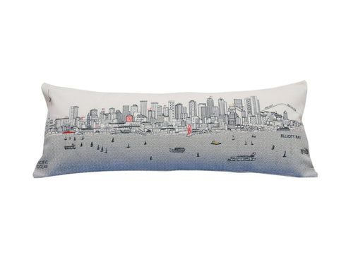 14" X 35" Dark Gray And White Seattle Nighttime Skyline Lumbar Decorative Pillow