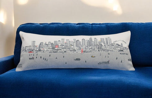14" X 35" Dark Gray And White Seattle Nighttime Skyline Lumbar Decorative Pillow