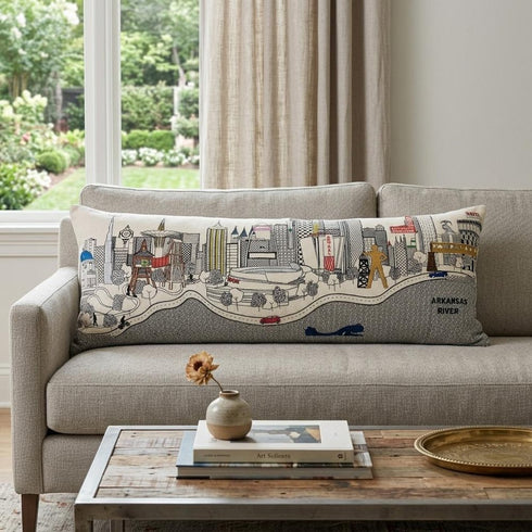 14" X 35" Dark Gray And White Tulsa Nighttime Skyline Lumbar Decorative Pillow