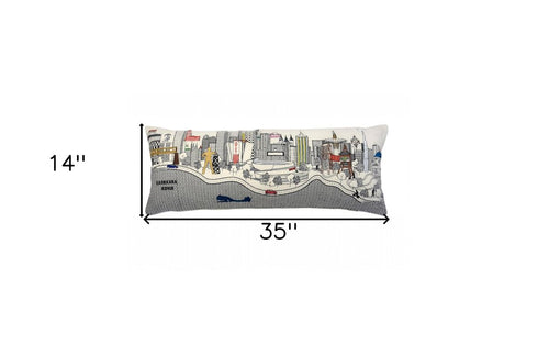 14" X 35" Dark Gray And White Tulsa Nighttime Skyline Lumbar Decorative Pillow