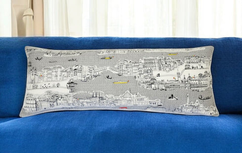 14" X 35" Cream Venice Daylight Skyline Lumbar Decorative Pillow