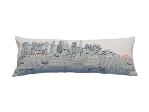 14" X 35" Dark Gray And White San Francisco Nighttime Skyline Lumbar Decorative Pillow