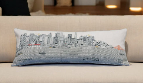 14" X 35" Dark Gray And White San Francisco Nighttime Skyline Lumbar Decorative Pillow