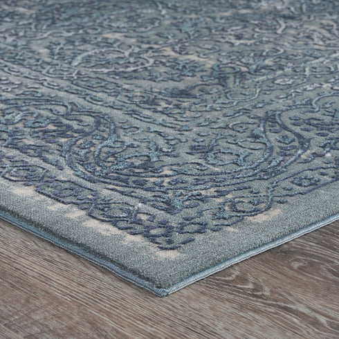 8' X 11' Blue Silver Gray And Cream Damask Distressed Stain Resistant Area Rug