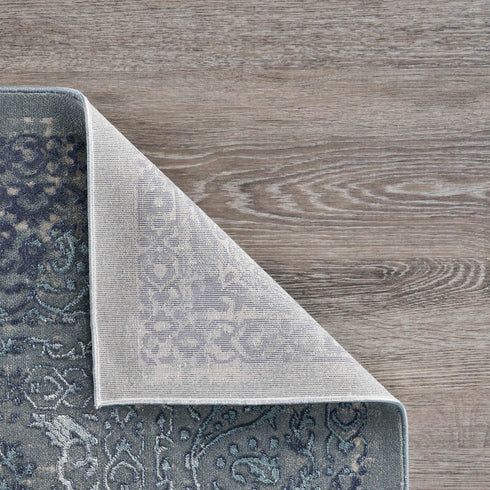 8' X 11' Blue Silver Gray And Cream Damask Distressed Stain Resistant Area Rug