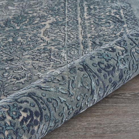 8' X 11' Blue Silver Gray And Cream Damask Distressed Stain Resistant Area Rug