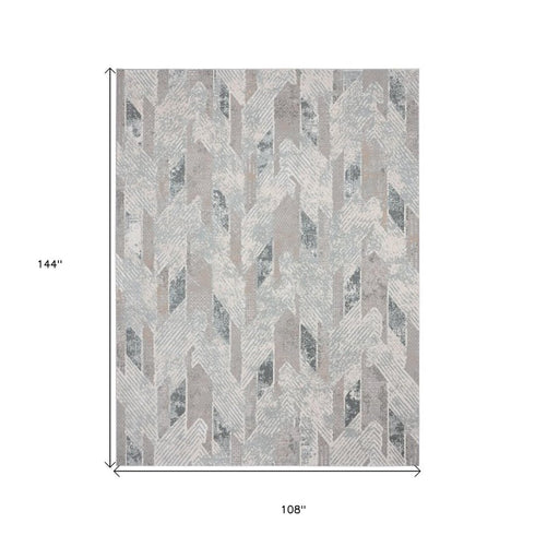 9' X 12' Gray Blue And Cream Geometric Distressed Stain Resistant Area Rug