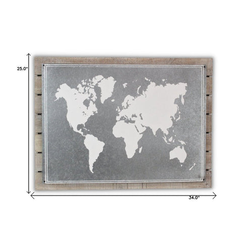 25" X 34" Brown and Gray Wood and Metal World Map Hanging Dimensional Sculpture
