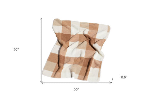 50" X 60" Ivory And Taupe Faux Sherpa Plaid Throw Blanket