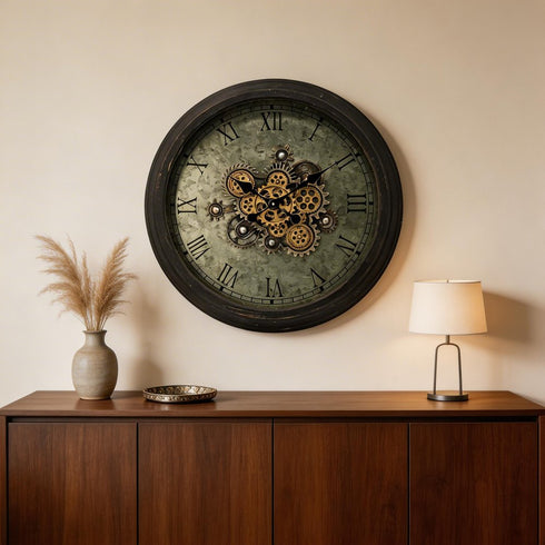 28" Circle Black and Gray Wood and Glass Analog Exposed Gear Wall Clock