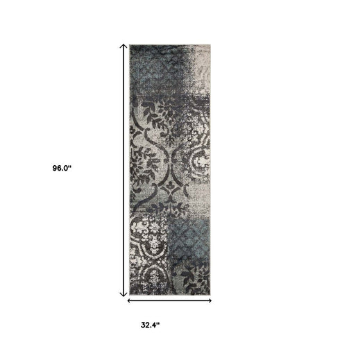 8' X 10' Teal And Ivory Damask Distressed Area Rug