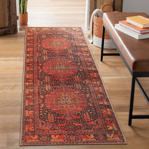 8' Brown Black And Brick Red Medallion Runner Rug