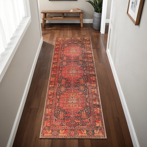8' Brown Black And Brick Red Medallion Runner Rug