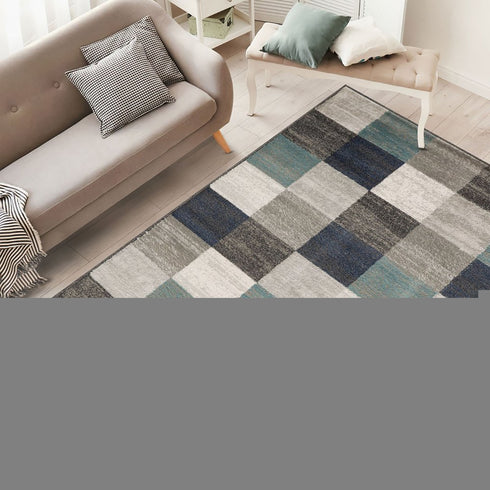 5' X 8' Teal Ivory And Gray Geometric Area Rug