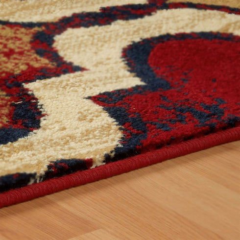 5' X 8' Blue And Red Quatrefoil Distressed Area Rug