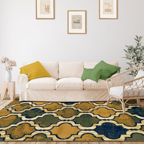 8' X 10' Green Brown And Ivory Quatrefoil Distressed Area Rug
