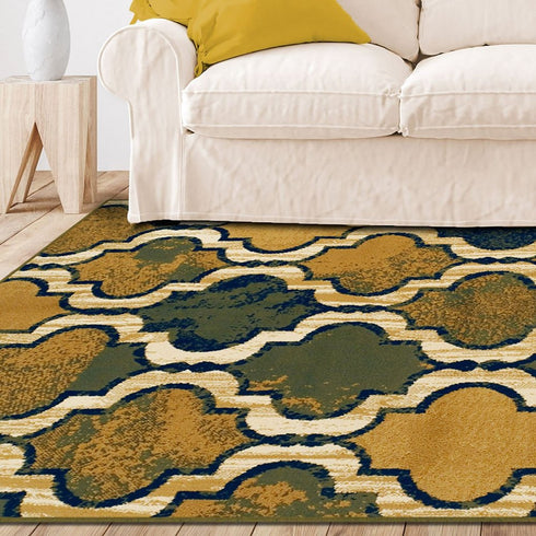 8' X 10' Green Brown And Ivory Quatrefoil Distressed Area Rug