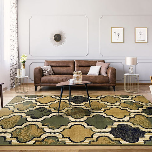8' X 10' Green Brown And Ivory Quatrefoil Distressed Area Rug