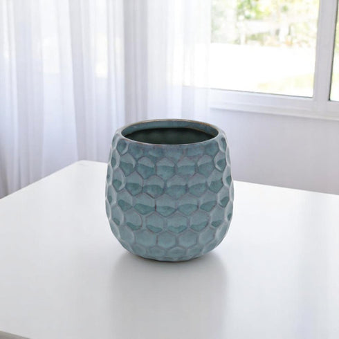 Blue Ceramic 15 Ounce Round Distressed Pot Planter