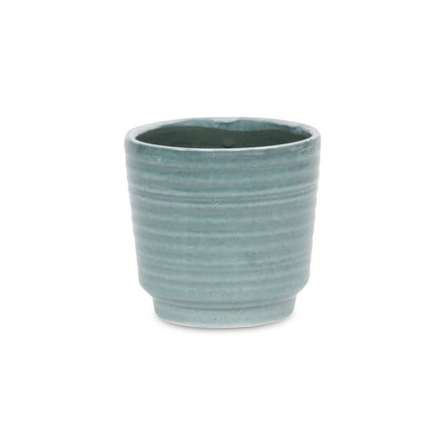 Green Ceramic 23 Ounce Striped Round Distressed Pot Planter