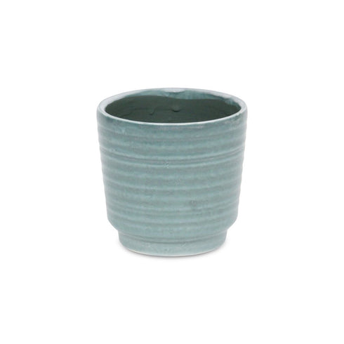 Green Ceramic 23 Ounce Striped Round Distressed Pot Planter