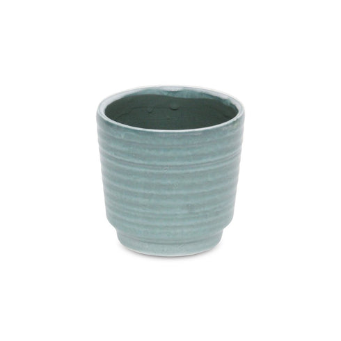 Green Ceramic 23 Ounce Striped Round Distressed Pot Planter