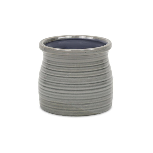 Gray Ceramic 51 Ounce Striped Round Distressed Pot Planter