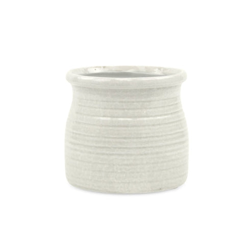 White Ceramic 25 Ounce Striped Round Distressed Pot Planter