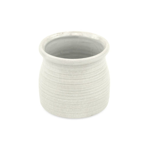 White Ceramic 25 Ounce Striped Round Distressed Pot Planter