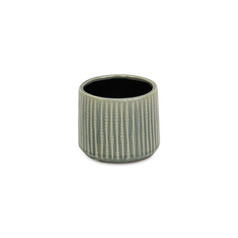Green Ceramic 25 Ounce Striped Round Distressed Pot Planter