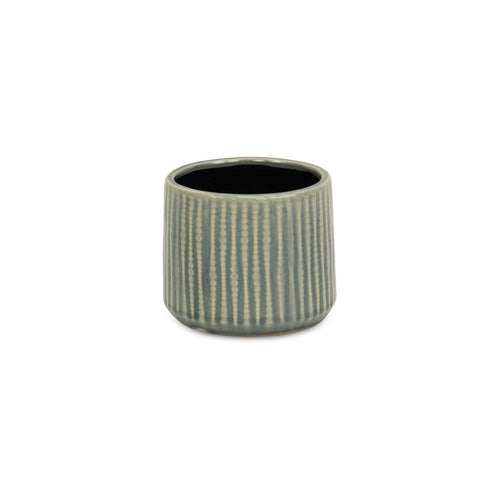 Green Ceramic 25 Ounce Striped Round Distressed Pot Planter