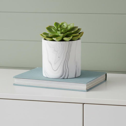 White And Gray Ceramic 41 Ounce Faux Marble Round Pot Planter