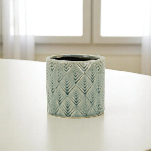 Green Ceramic 16 Ounce Geometric Round Distressed Pot Planter