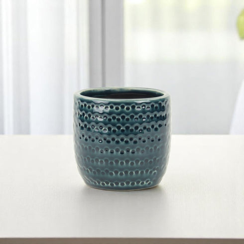 Teal Blue Ceramic 17 Ounce Dotted Round Distressed Pot Planter
