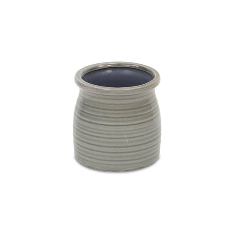 Gray Ceramic 15 Ounce Striped Round Distressed Pot Planter