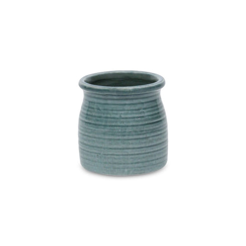 Green Ceramic 12 Ounce Striped Round Distressed Pot Planter