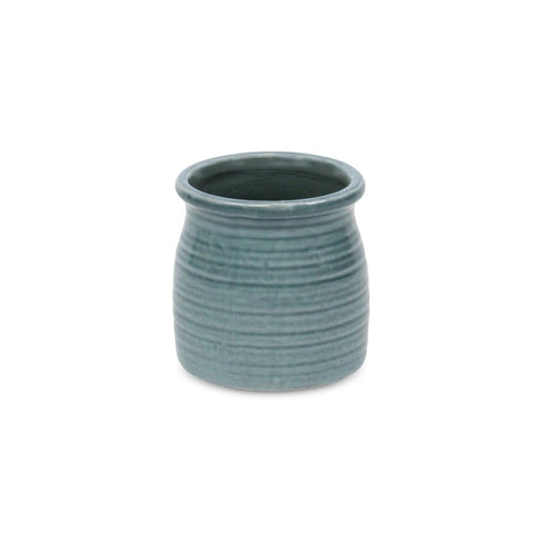 Green Ceramic 12 Ounce Striped Round Distressed Pot Planter