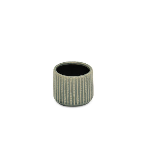 Beige And Green Ceramic 12 Ounce Striped Round Distressed Pot Planter