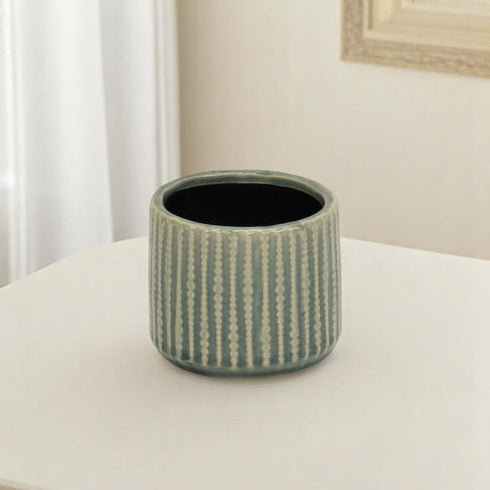 Beige And Green Ceramic 12 Ounce Striped Round Distressed Pot Planter
