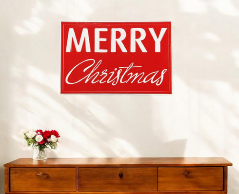 12" X 19" Red and White Handcrafted Merry Christmas Metal Wall Decor